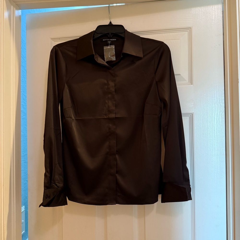NWOT Boston Proper Chocolate Brown Button-Up Blouse with French CuffsSize 2